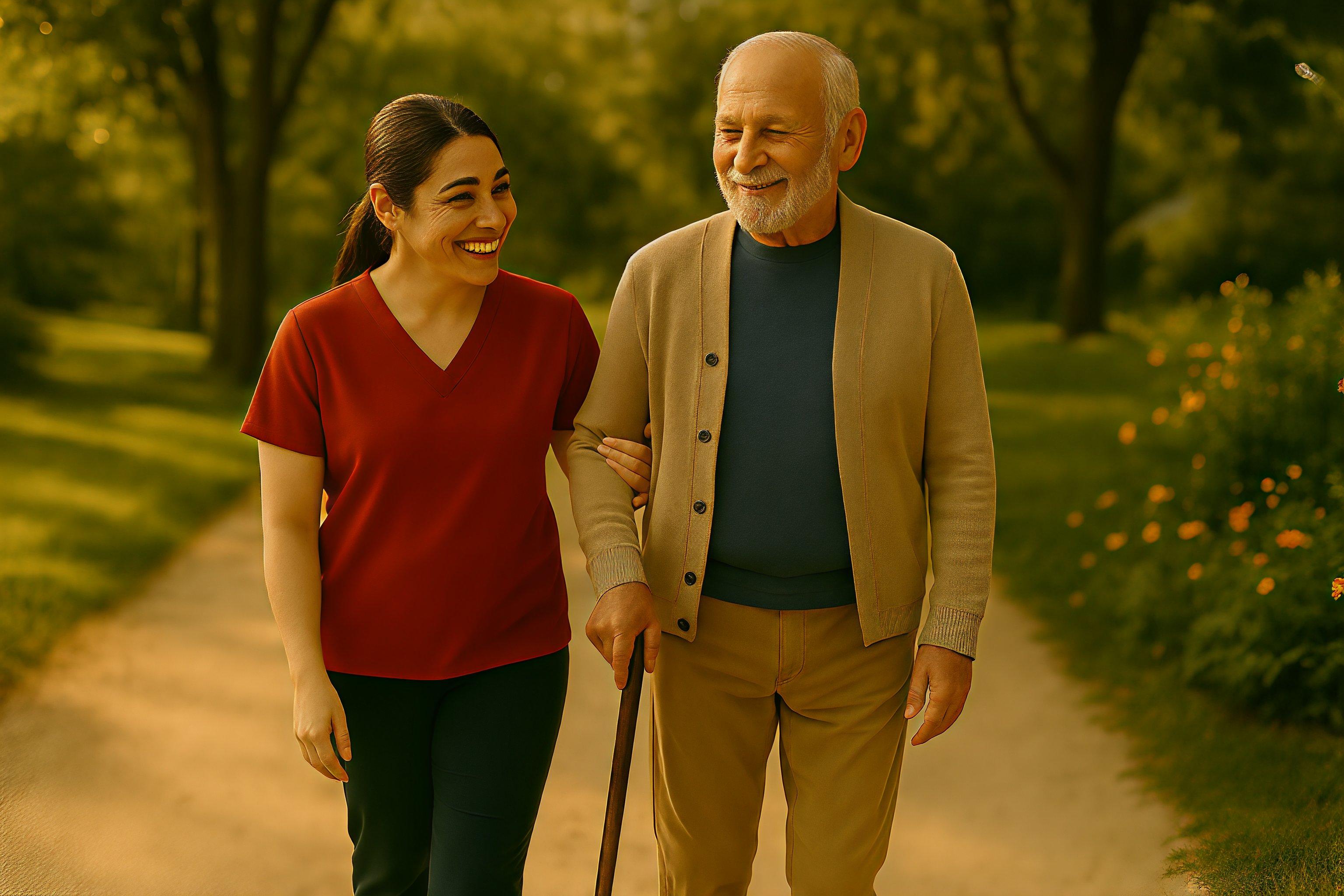 Verhinderungspflege – zuverlässige Vertretung für pflegende Angehörige in Bremen – Pflegekraft hilft Seniorin beim Gehen